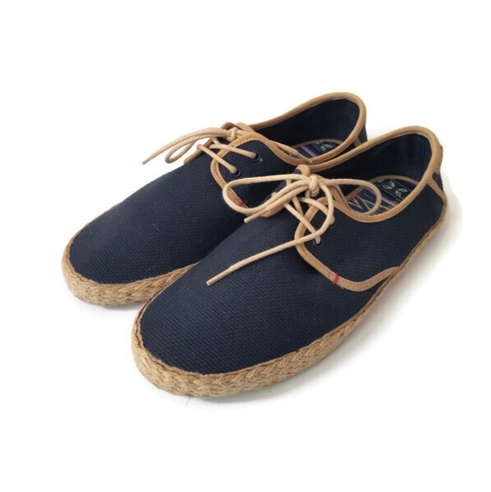Men's Navy Canvas Lace-Up Espadrilles with Tan Trim